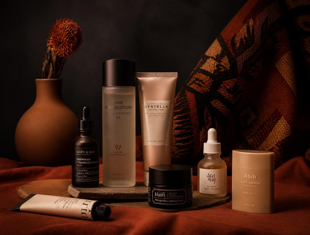 Korean beauty and skincare products styled beside African woven textile for an African market campaign